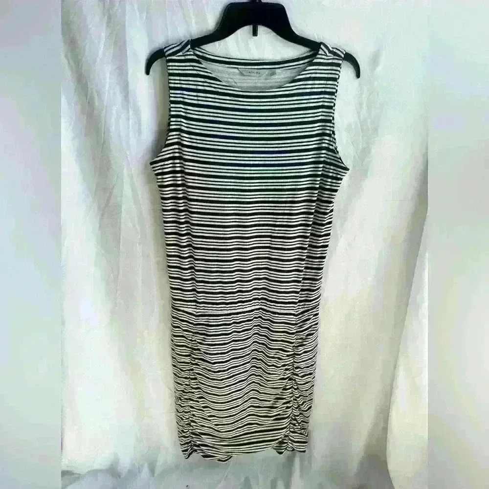 Athleta Tulip Stripe Ruched Sleeveless Dress Black/White Stripe Size M